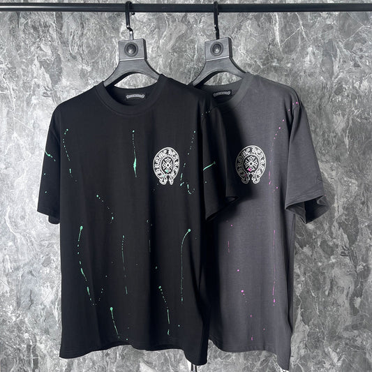 CHH Chrome Heart T Shirts Cross Leather Print Short Sleeve T-Shirt Loose